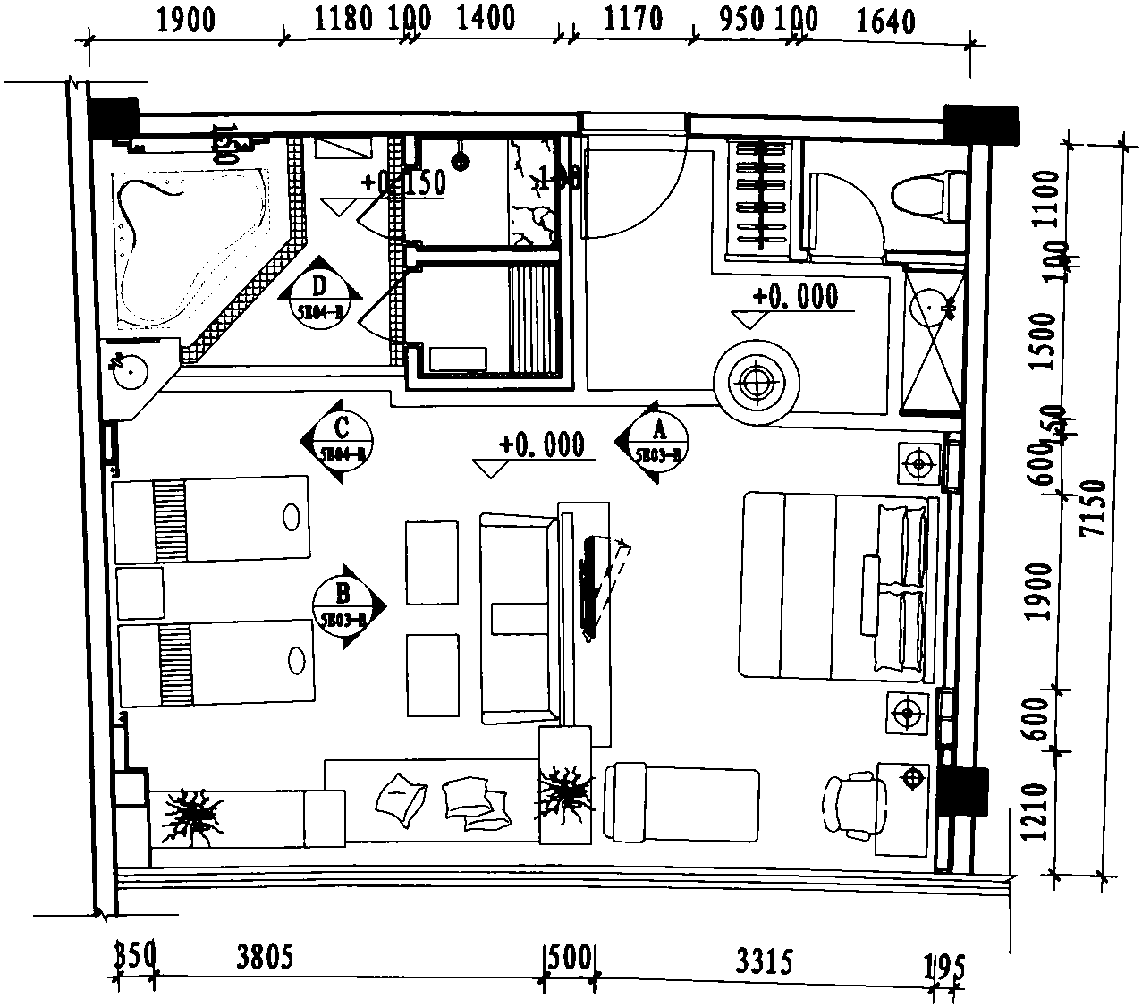 五层日式SPA房平面布置图 1:100